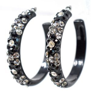 2.5" Black Lucite Flower Rhinestones Hoop Earrings